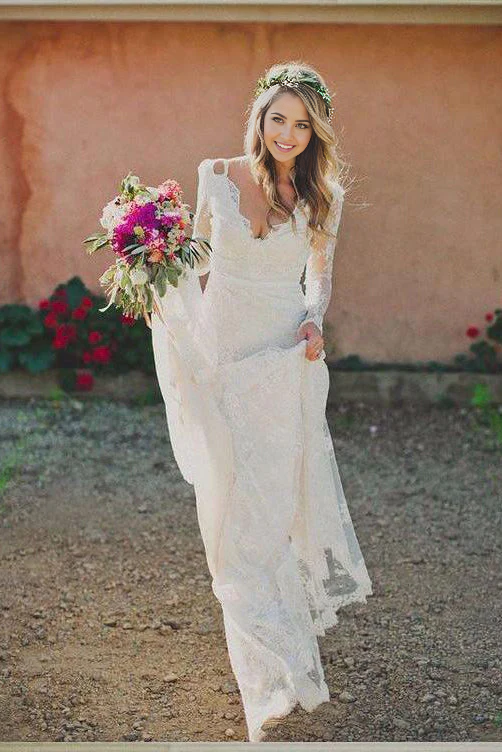Vestidos de novia largos de encaje con mangas largas y escote en V sencillos y apliques